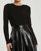 Black Mesh And Leather Long Sleeve A Line Mini Dress